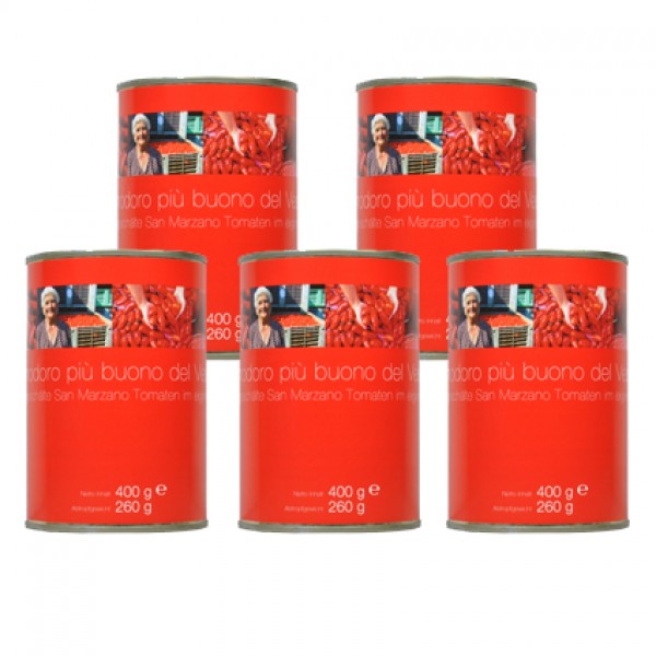 Whole, peeled San Marzano tomatoes in five-piece pack