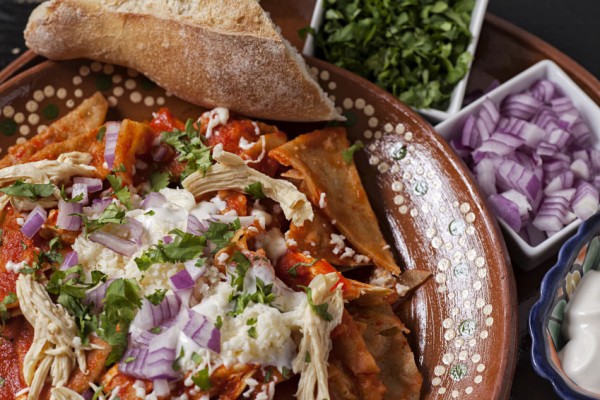 Chilaquiles with chicken and Mulato chili sauce